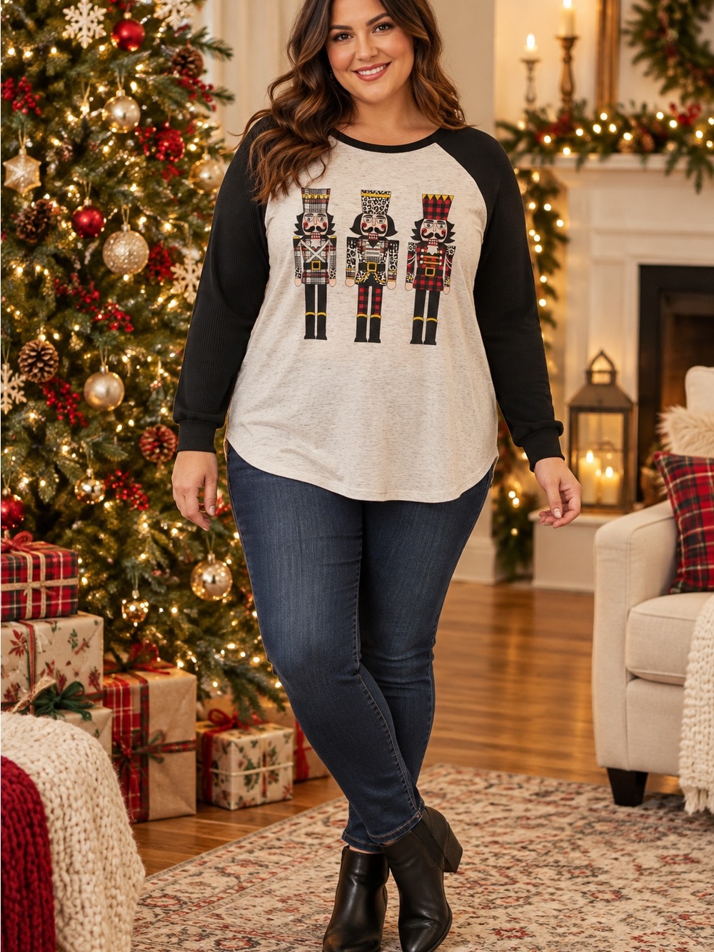 Heimish Christmas Nutcracker Raglan Top Black Oatmeal Plus Size 1X